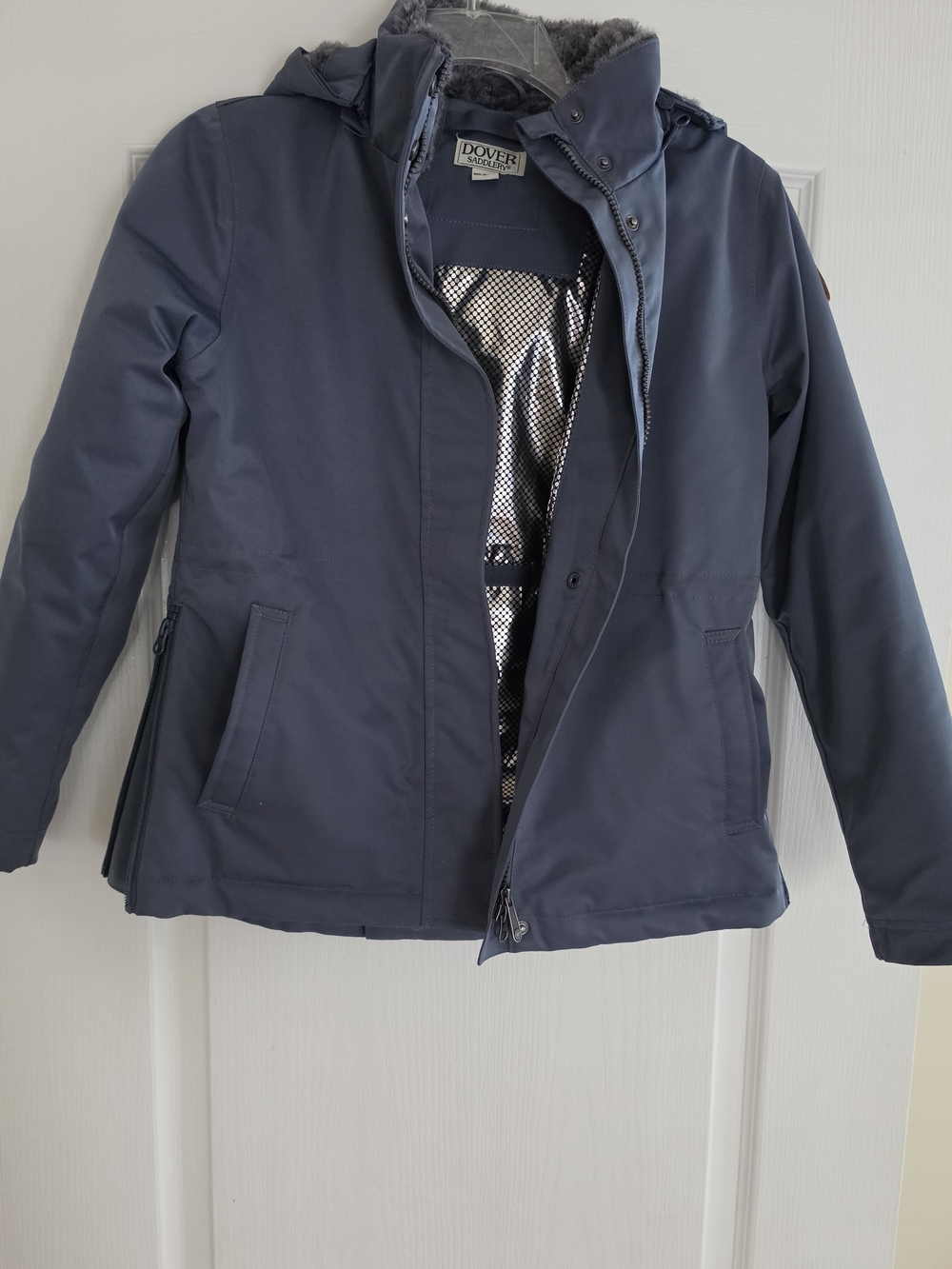Dover Saddlery Blue Hooded Riding Jacket with Faux-Fur Trim